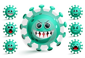 Corona virus emojis vector set. Green covid-19 coronavirus smiley emojis and emoticons.