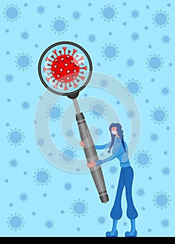 Corona virus icon on magnifier with a masked woman