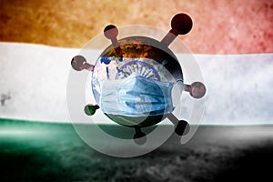 Corona virus mask protect on India flag republic day background concept for Earth warning covid19 flu pandemic quarantine, 15