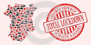 Corona Virus and Masked Men Mosaic Chechen Republic Map and Lockdown Scratched Stamp