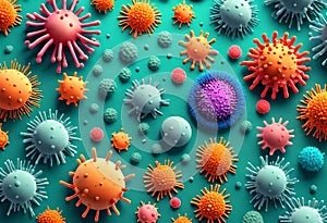 corona virus microorganisms in 3d render, abstract biological backdrop