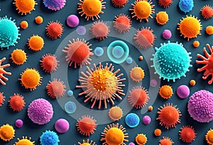 corona virus microorganisms in 3d render, abstract biological backdrop