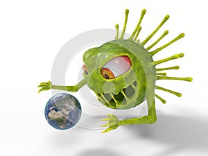 Corona virus monster with attacks earth. 3D illustration, cartoon virus character