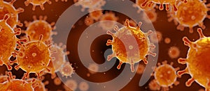 Corona virus 2019-ncov flu outbreak, SARS pandemic risk concept, microscopic view of floating influenza virus cells, 3D rendering