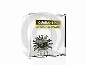 Corona virus placed in glass quarantine seclusion box