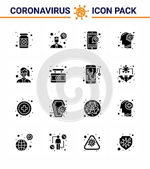 Novel Coronavirus 2019-nCoV. 16 Solid Glyph Black icon pack brain, ilness, communication, flu, service photo