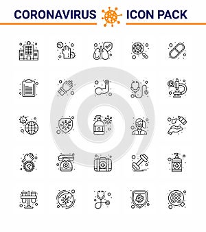 Corona virus prevention. covid19 tips to avoid injury 25 line icon for presentation virus, interfac, infect, glass, scan virus