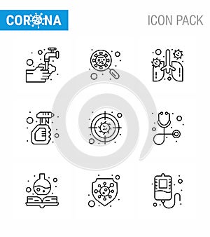 Corona virus prevention. covid19 tips to avoid injury 9 Line icon for presentation  solid, pneumonia, interfac, organ, breath