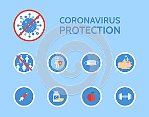 Corona virus protection infographic. COVID-19 novel coronavirus. Stop bacteria. Medical examination. Corona virus