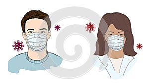 Corona virus protection, people in masks, woman and man