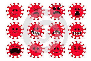 Corona virus red emoji vector set. Ncov covid19 coronavirus flat icon and emoticon.