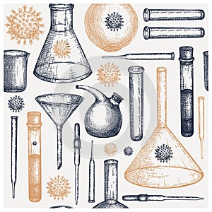 Corona Virus seamless pattern with laboratory equipment sketches. Hand drawn Coronavirus 2019-nCoV background. Medicine lab
