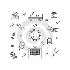 Corona virus set. Doodle corona virus elements. Vector illustration.