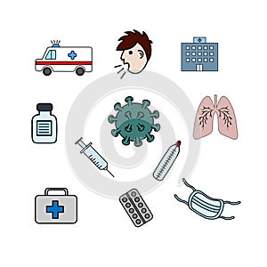 Corona virus set. Doodle corona virus elements. Vector illustration.