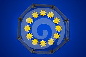 Corona Virus symbol on blue yellow european union EU flag closed border fence europe background. Cornavirus COVID-19 global
