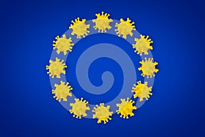 Corona Virus symbol blue yellow european union EU flag europe background. Cornavirus COVID-19 global  outbreak pandemic epidemic