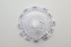 Corona virus symbolized by protective ffp2 face mask and rapid antigen self test kits as spike proteins on laboratory surface