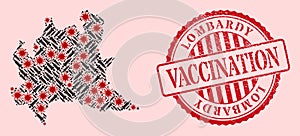 Corona Virus Vaccination Mosaic Lombardy Region Map and Grunge Vaccine Stamp