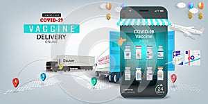 Corona virus Vaccine on Mobile Application , Covid-19 vaccine Online on Website or smartphone as order product, healthcare concept