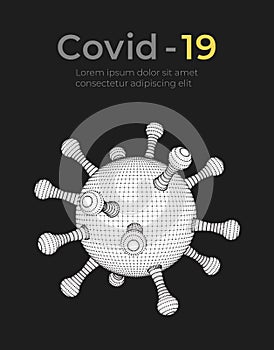 Corona virus. Vector 3d microbe on black background. Covid - 19. Futuristic virus protection microbiology concept