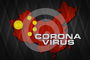 Corona Virus white lettering with yellow corona virus red chinese map flag china background. Cornavirus COVID-19 global  outbreak