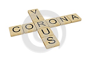 Corona Virus, written with wooden letters, isolated on white background