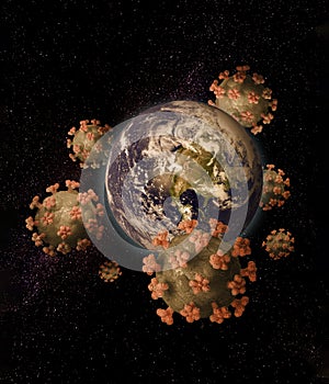 Corona viruses travelling around the planet Earth, dull colors
