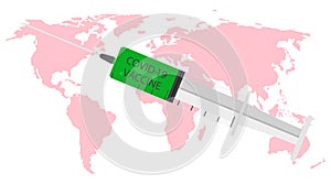 Coronacoronavirus vaccine. Syringe on world map for injection. Vaccination covid-19 with cartograph. Influenza pandemic, discovery