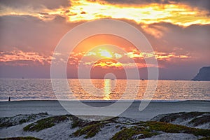 Coronado Beach in San Diego by the Historic Hotel del Coronado, at sunset with unique beach sand dunes, panorama view of the Pacif