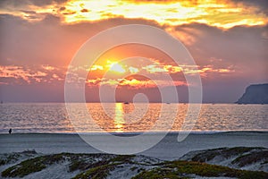 Coronado Beach in San Diego by the Historic Hotel del Coronado, at sunset with unique beach sand dunes, panorama view of the Pacif