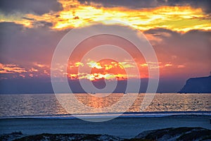 Coronado Beach in San Diego by the Historic Hotel del Coronado, at sunset with unique beach sand dunes, panorama view of the Pacif