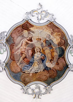 Coronation of the Virgin Mary, fresco on the ceiling of the Church of Our Lady of Sorrows in Rosenberg, Germany