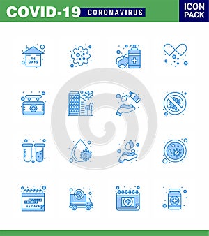 CORONAVIRUS 16 Blue Icon set on the theme of Corona epidemic contains icons such as hospital, open capsule, soap, medicines, drugs