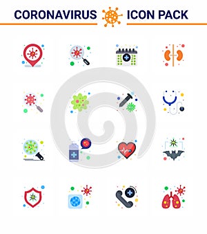 CORONAVIRUS 16 Flat Color Icon set on the theme of Corona epidemic contains icons such as devirus, organ, search, kidney, time