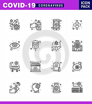 CORONAVIRUS 16 Line Icon set on the theme of Corona epidemic contains icons such as eye care, injured, spray, fraction, bone