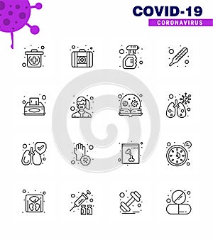 CORONAVIRUS 16 Line Icon set on the theme of Corona epidemic contains icons such as tissue box, napkin, spray, box, temperature