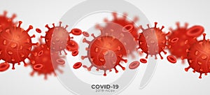 Coronavirus 2019-nCoV with blood cells. Pathogen organism. Covid-19 epidemic infectious disease. Cellular infection. 3D virus