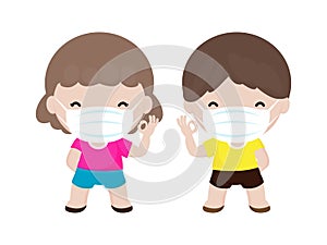 Coronavirus 2019-nCoV or Covid-19 disease prevention concept with cute kids boy and girl wearing face mask isolated