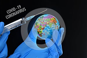 Coronavirus 2019-nCoV COVID concept. Coronavirus Covid-19 vaccine research. The world infected by the coronavirus.