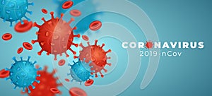 Coronavirus 2019-nCoV with disease cells and blood cell. Pathogen organism. Covid-19 epidemic infectious disease. Cellular