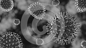 Coronavirus 2019-ncov flu outbreak 3d medical black and whiteillustration. Microscopic view of floating influenza virus cells.