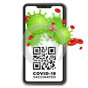 Coronavirus 2019-nCoV on smartphone screen. Checking, monitoring QR codes for presence and validity of the Covid-19 vaccination.