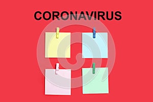 Coronavirus 2019-nCoV symptoms. Multicolored Sticky notes on red wall