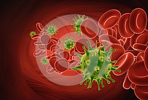 Coronavirus 3d render concept with red blood cells and viruses