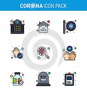 CORONAVIRUS 9 Filled Line Flat Color Icon set on the theme of Corona epidemic contains icons such as scan virus, protection, stay