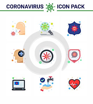 CORONAVIRUS 9 Flat Color Icon set on the theme of Corona epidemic contains icons such as medical, brain, protection, virus,