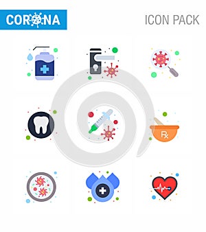 CORONAVIRUS 9 Flat Color Icon set on the theme of Corona epidemic contains icons such as medical, dental, bacteria, virus,