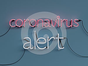 Coronavirus Alert neon graphic sign with blue background and coronavirus word mode on with red neon color