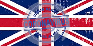 Coronavirus alert stamp UK. Covic-19 alert in United Kingdom. Vector illustration with UK flag background