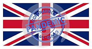 Coronavirus alert stamp UK. Covic-19 alert in United Kingdom. Vector illustration with UK flag background